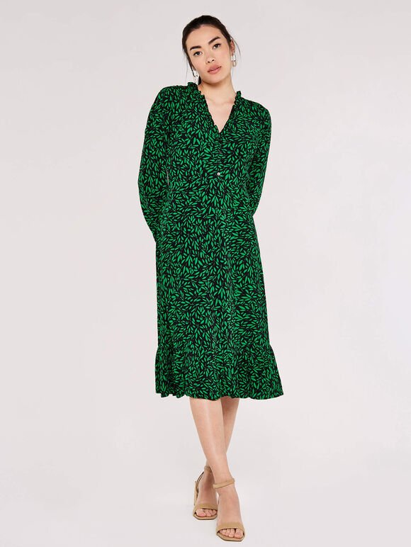 Silhouette Leaf Frill  Dress, Black, large