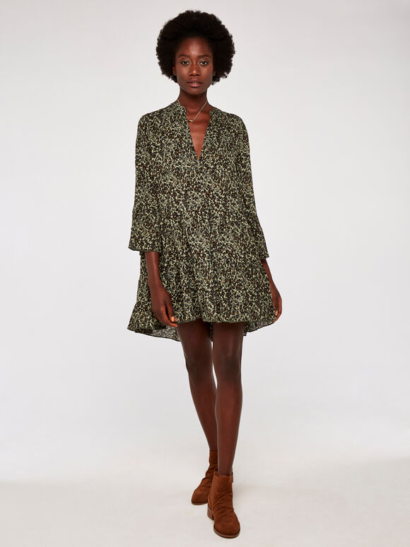 Camo Look Print Tiered Dress, Khaki, large
