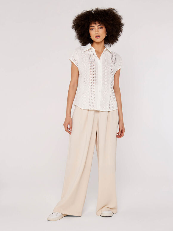 Broderie Short Sleeve Shirt, White, large