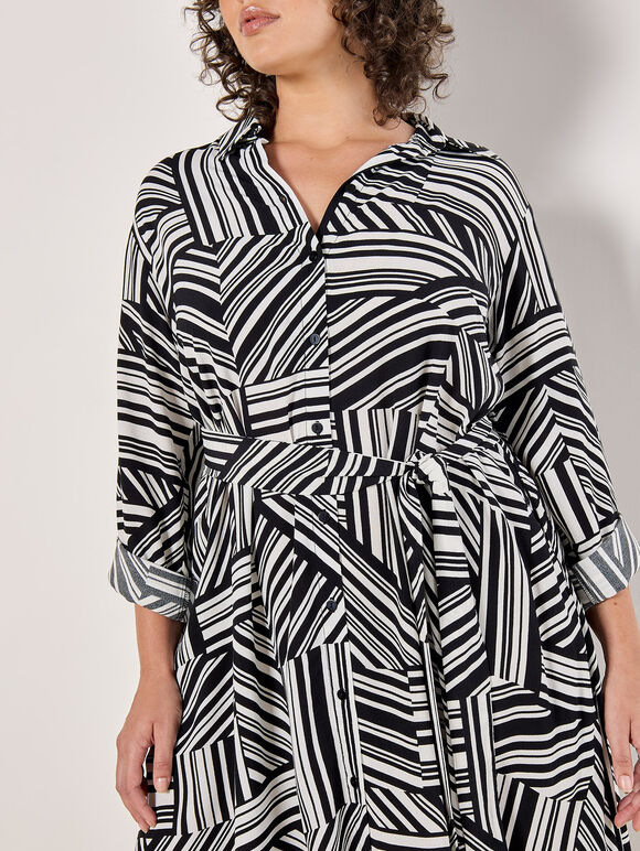 Curve Geo Lines Shirt Midi Dress, White, large