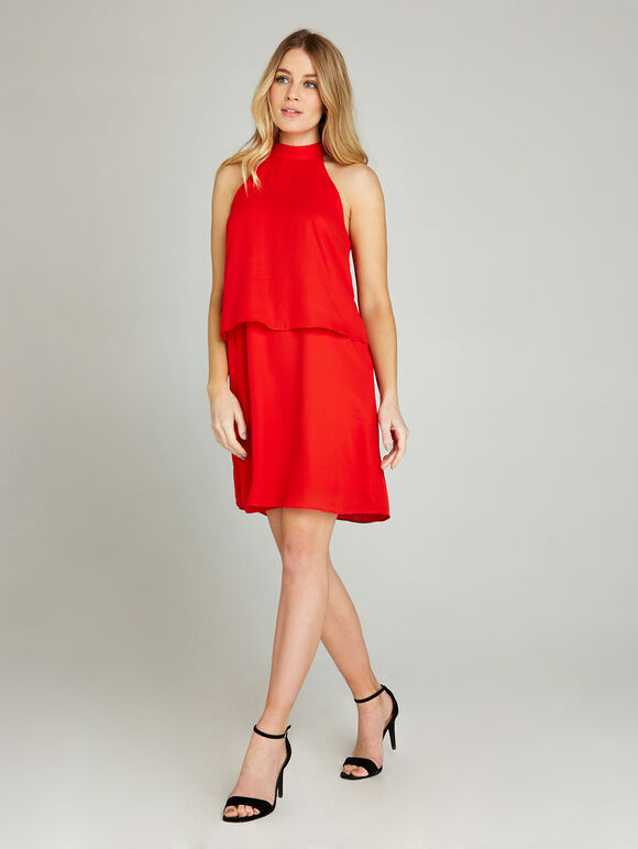 Halter Neck Layered Shift Dress, Red, large