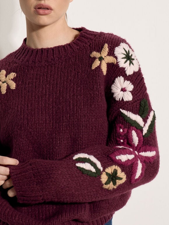 Embroidered Floral Sleeve Chunky Knit Jumper, Burgundy, large