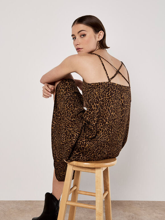 Animal Print Crepe Maxi Slip Dress, Brown, large