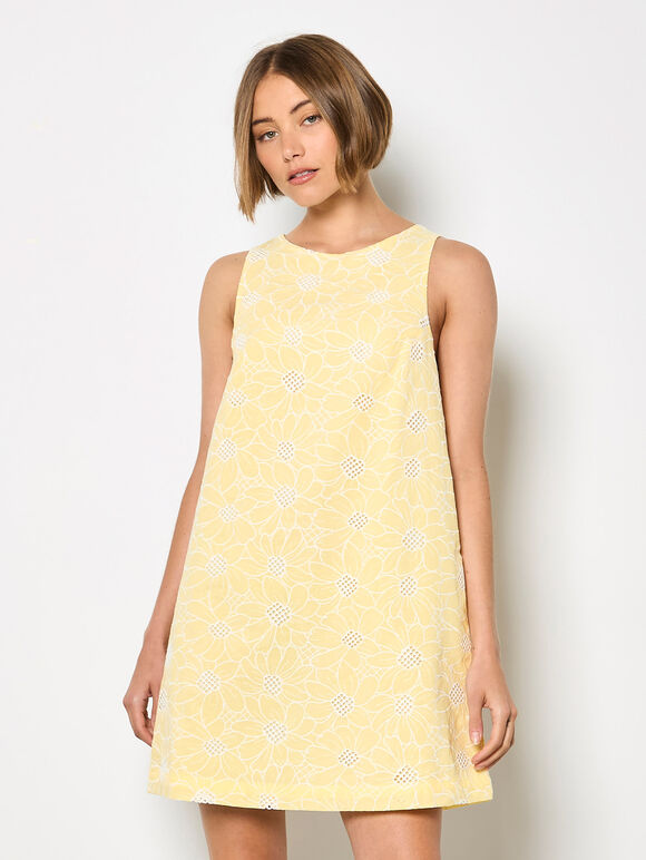 Floral Embroidered Shift Mini Dress, Yellow, large