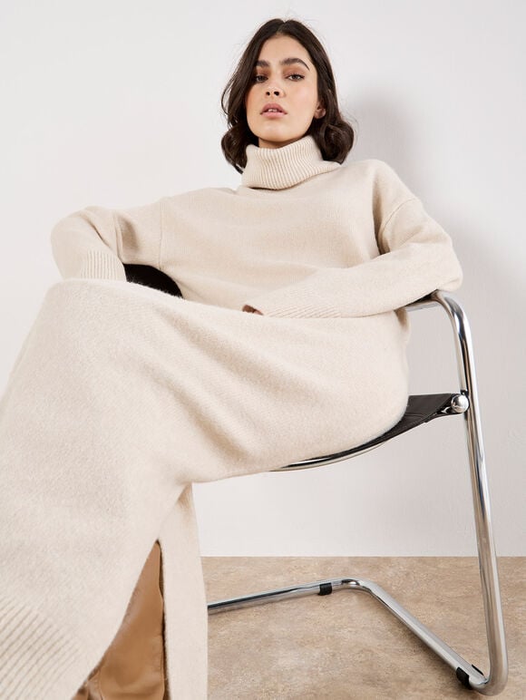 Roll Neck Jumper Maxi Dress, Stone, large