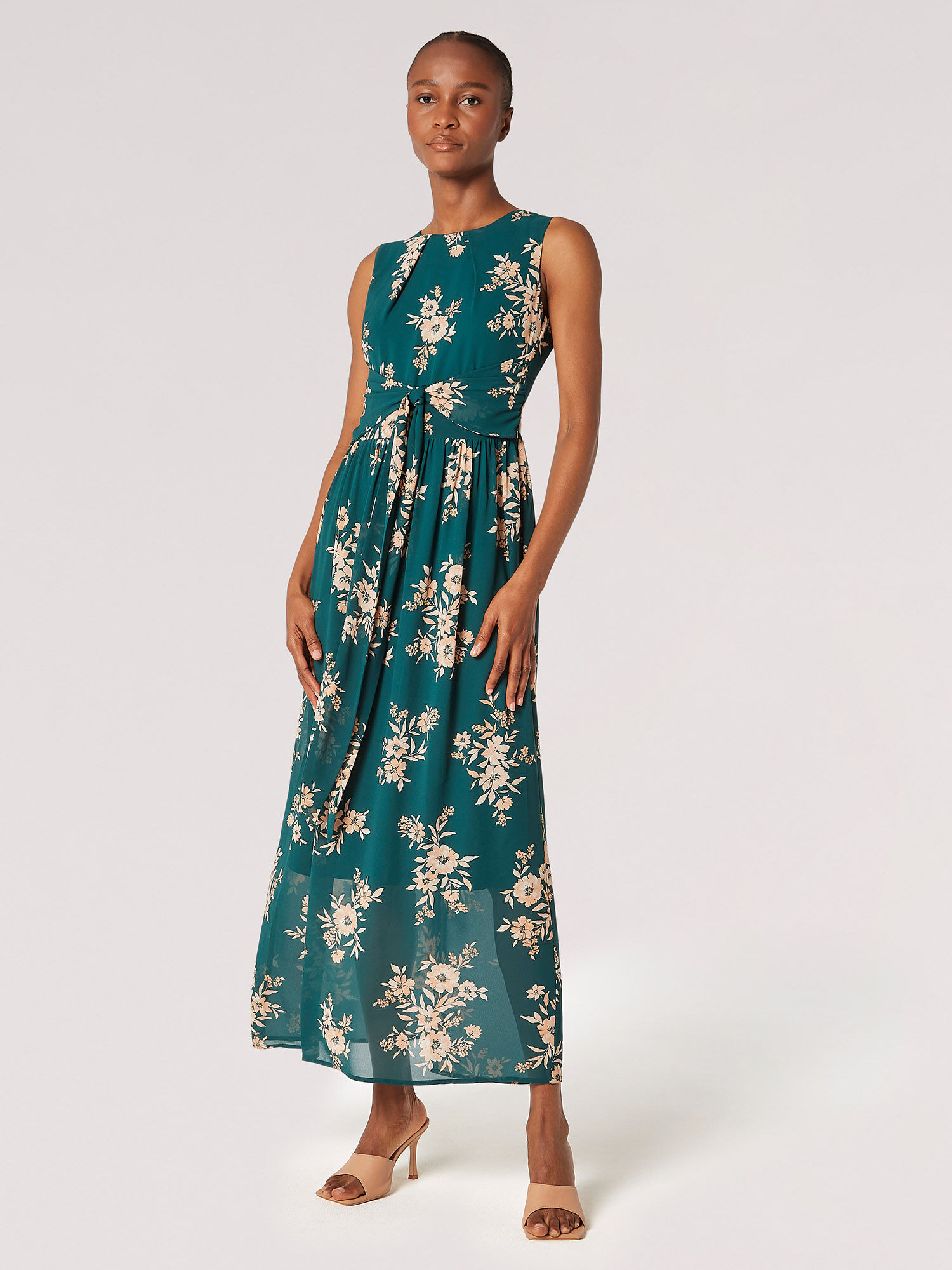 Botanical Blooms Chiffon Maxi Dress Apricot Clothing