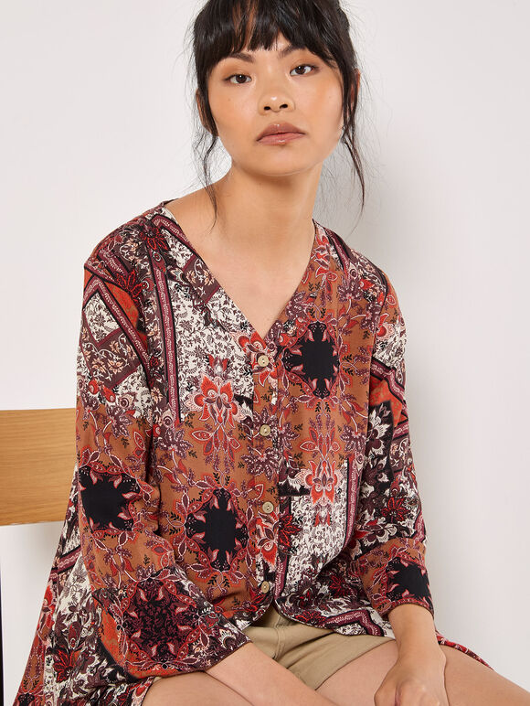 Patchwork Scarf Print Blouse, Orange, large