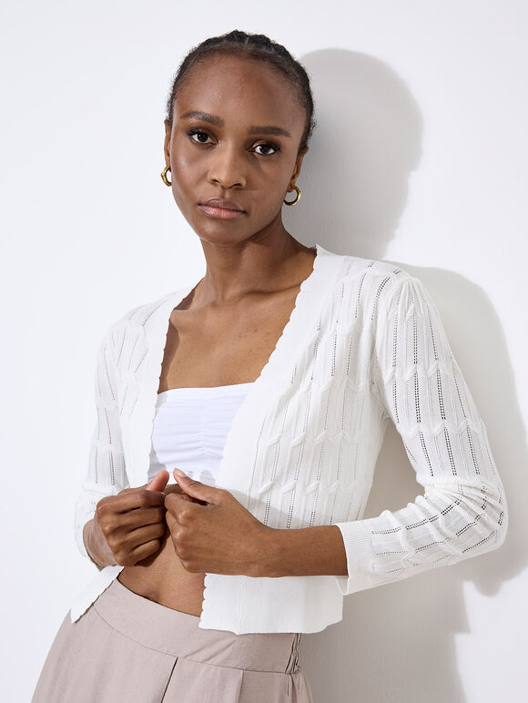 Pointelle Chevron Knit Shrug, Cream, large