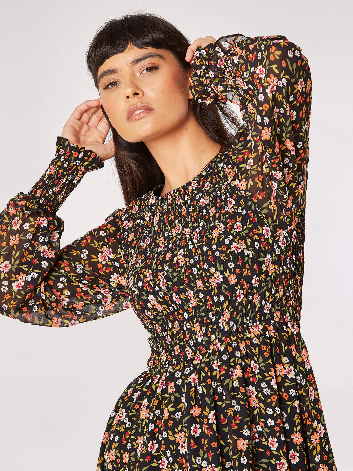 Ditsy Floral Smocked Mini Dress Apricot Clothing
