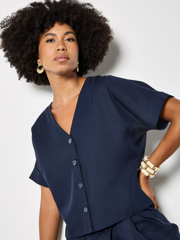 Lightweight V-neck Blouse, Navy, large