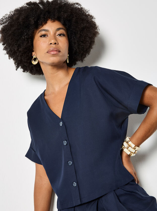 Lightweight V-neck Blouse, Navy, large