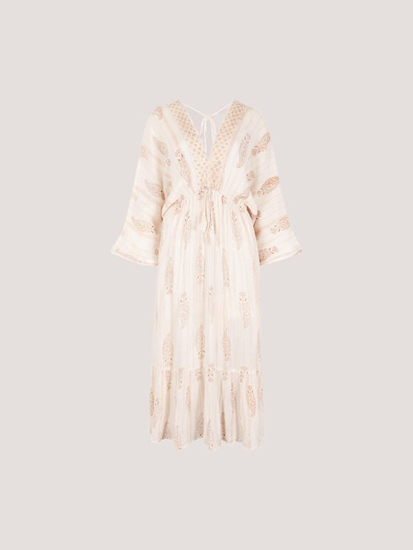 Gold Shimmer Paisley Midi Dress, Cream, large