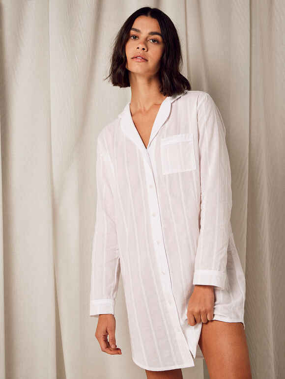 Embroidered Stripe Shirt Dress, White, large