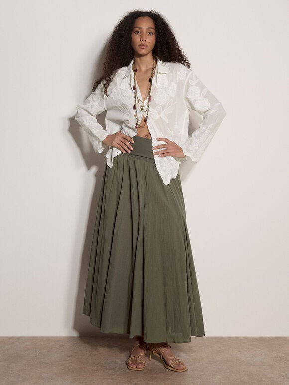 Jersey Waistband Cotton Midaxi Skirt, Khaki, large