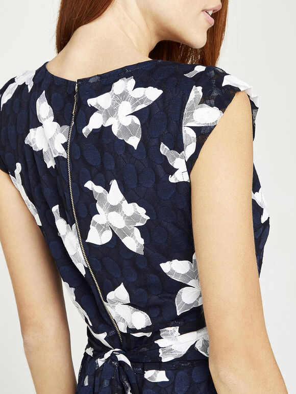 Graphic Flower Tie Back Dress, Navy, large