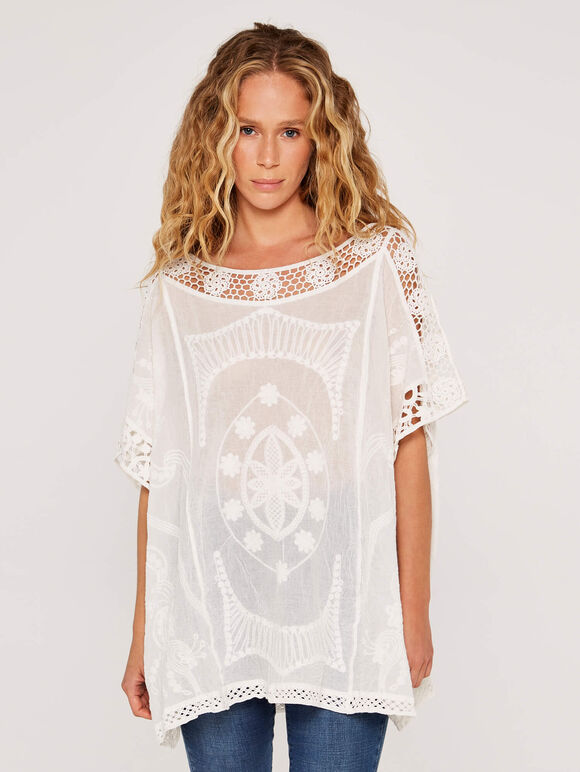 Embroidered Crochet Top, Cream, large
