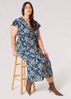 Curve Floral Swirl Wrap Midi Dress, Navy, large