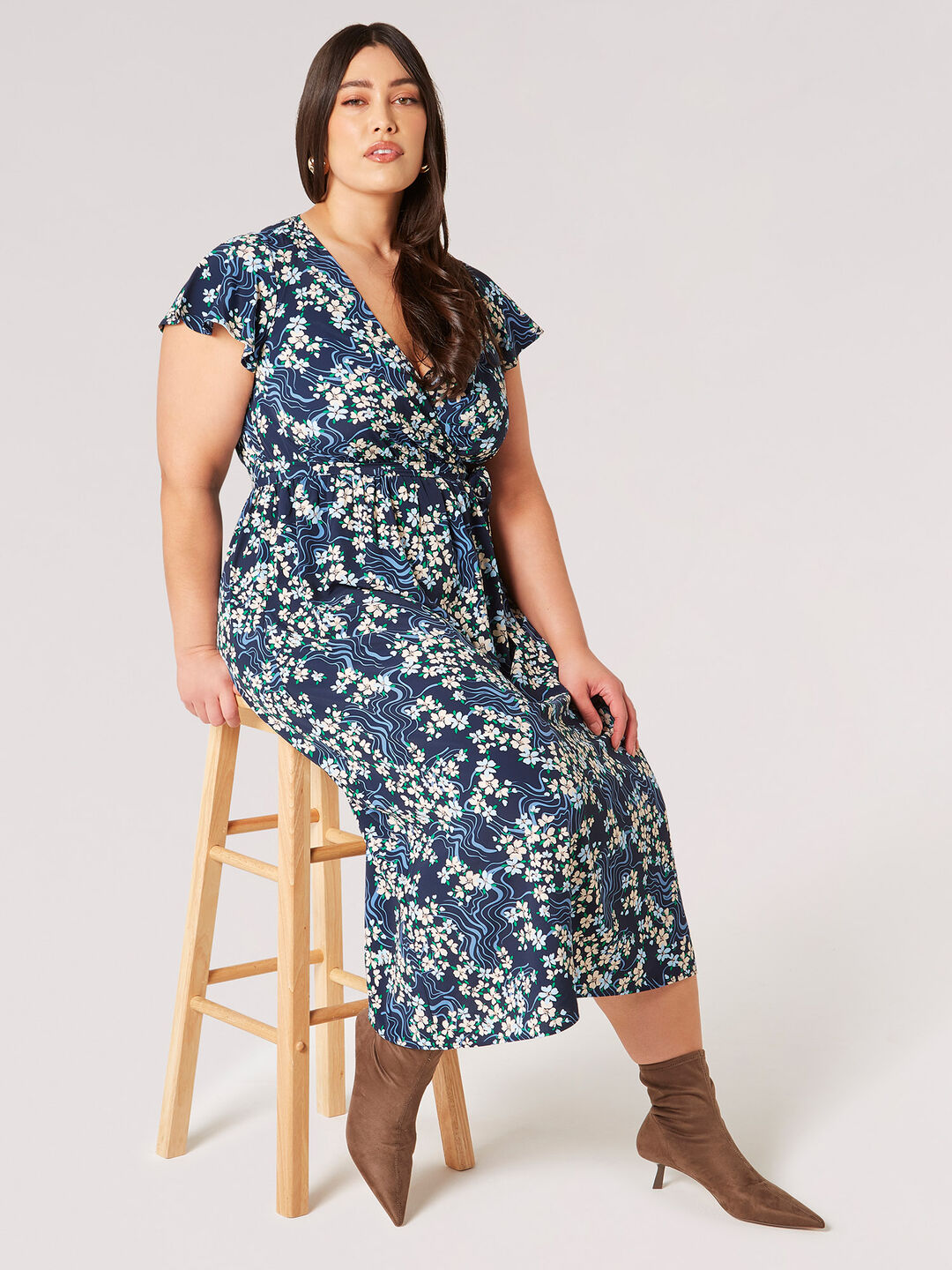 Image of Curve Floral Swirl Wrap Midi Dress