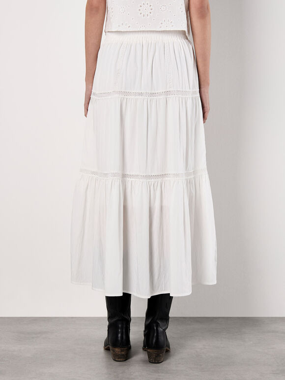Crochet Lace Tiered Midi Skirt, White, large
