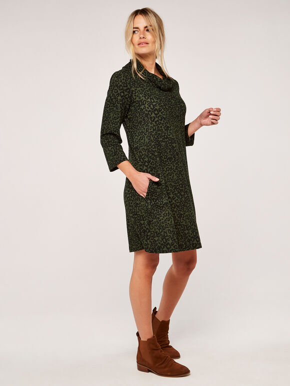 Leopard Print Flap Neck Swing Dress, Khaki, large