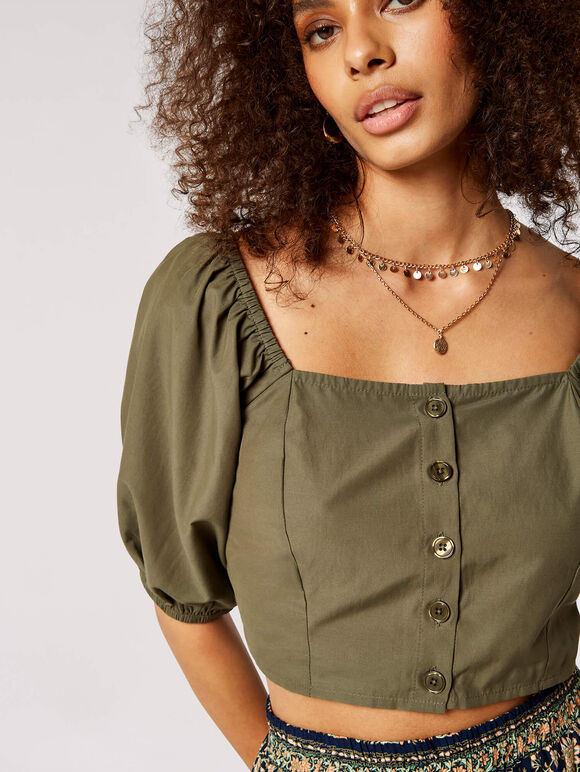 Smock Detail Cropped Top, Khaki, large