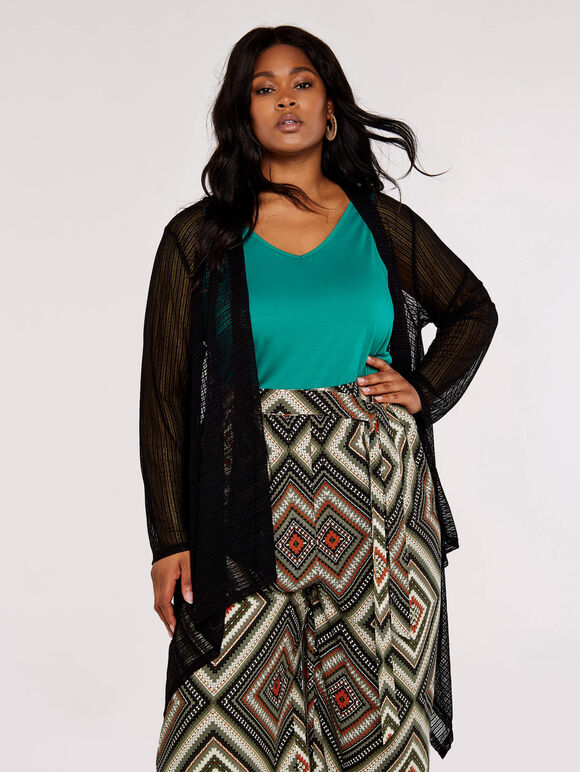 Curve Mesh Waterfall Cardigan, Black, large