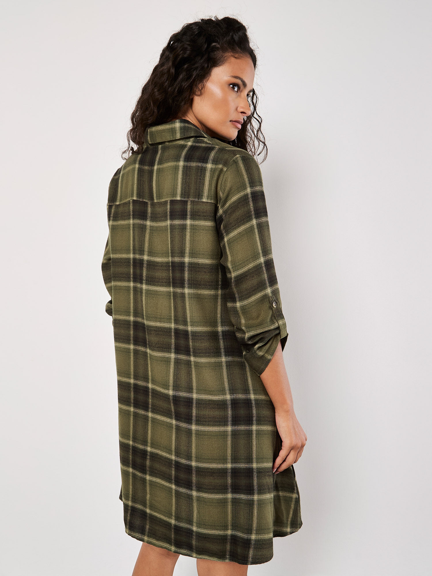 Check Shirt Swing Mini Dress Apricot Clothing