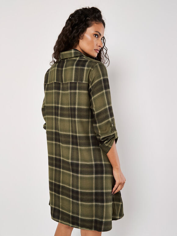 Check Shirt Swing Mini Dress, Khaki, large