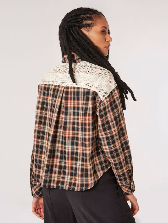 Crochet Detail Cropped Checked Shirt, Black, large