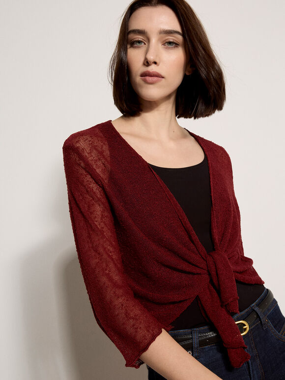 Lightweight Sheer Knitted Shrug, Burgundy, large