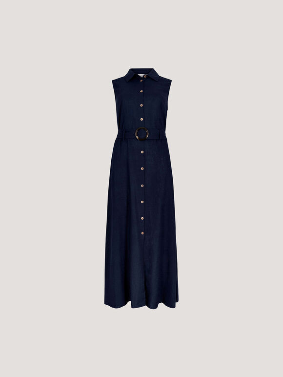 Linen Blend Shirt Midi Dress, Navy, large