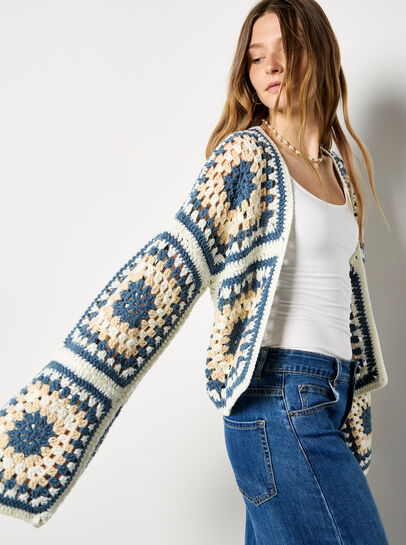 Hand-Knit Crochet Squares Cardigan