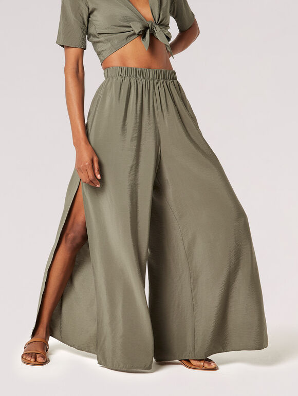 Textured Side Split Palazzo Trousers, Khaki, large