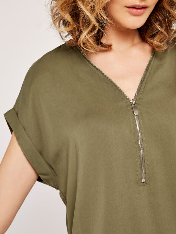 Zip Front Dress, Khaki, large