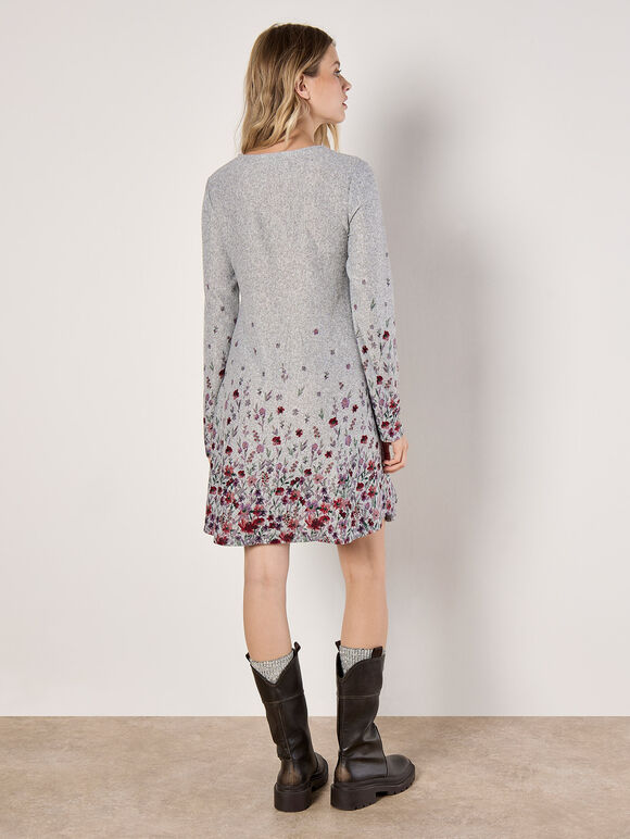 Floral Border Jersey Knit Mini Dress, Silver, large