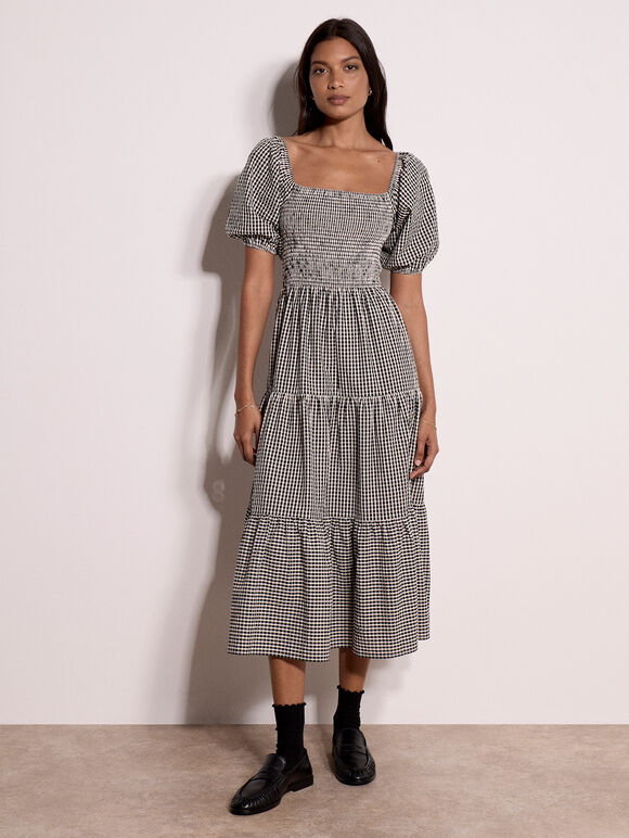 Cotton Gingham Milkmaid Midaxi Dress, Black, large