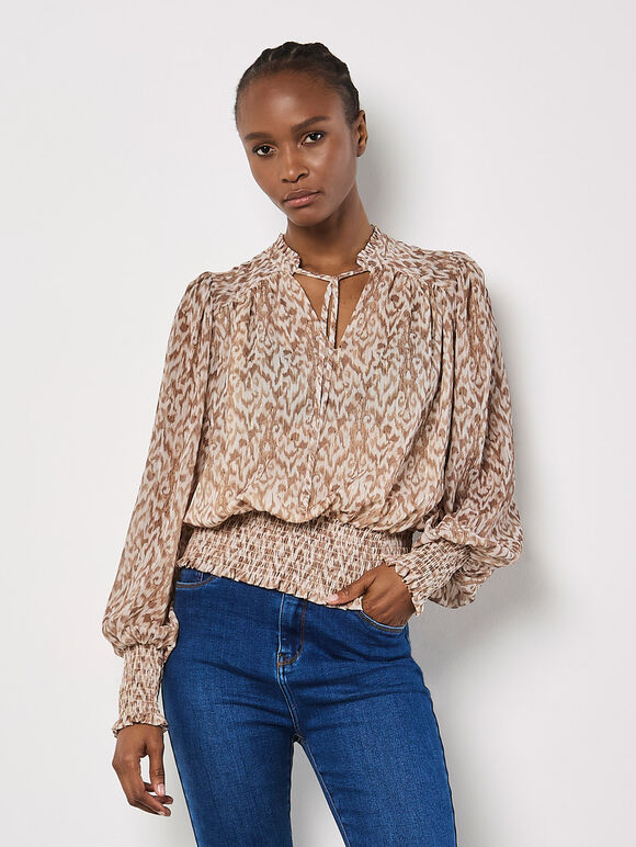 Ikat Swirl Shimmer Chiffon Top, Stone, large