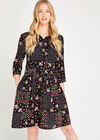 Black Patchwork Floral Smock Dress, Black, large