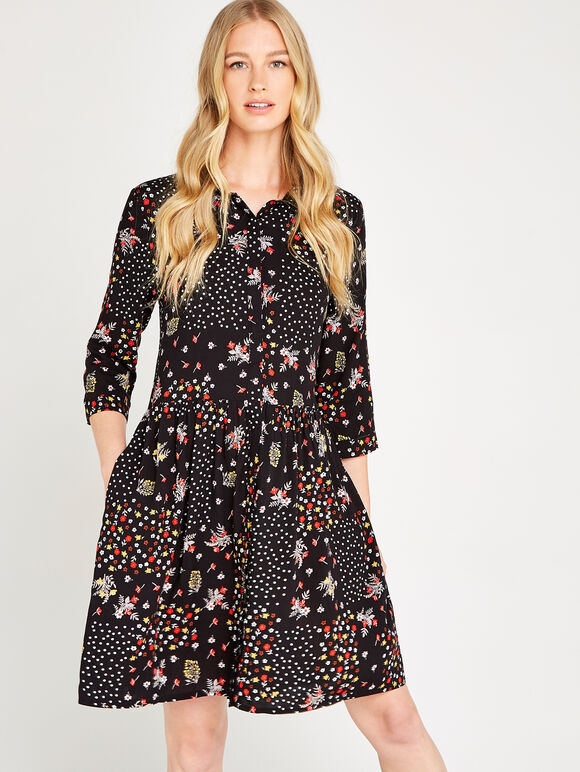 Black Patchwork Floral Smock Dress, Black, large