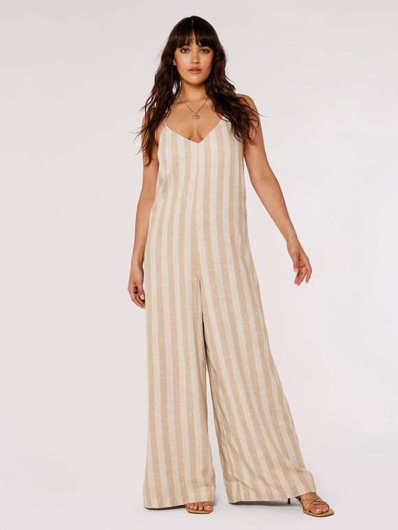 Striped Linen Mix Jumpsuit, Stone, large