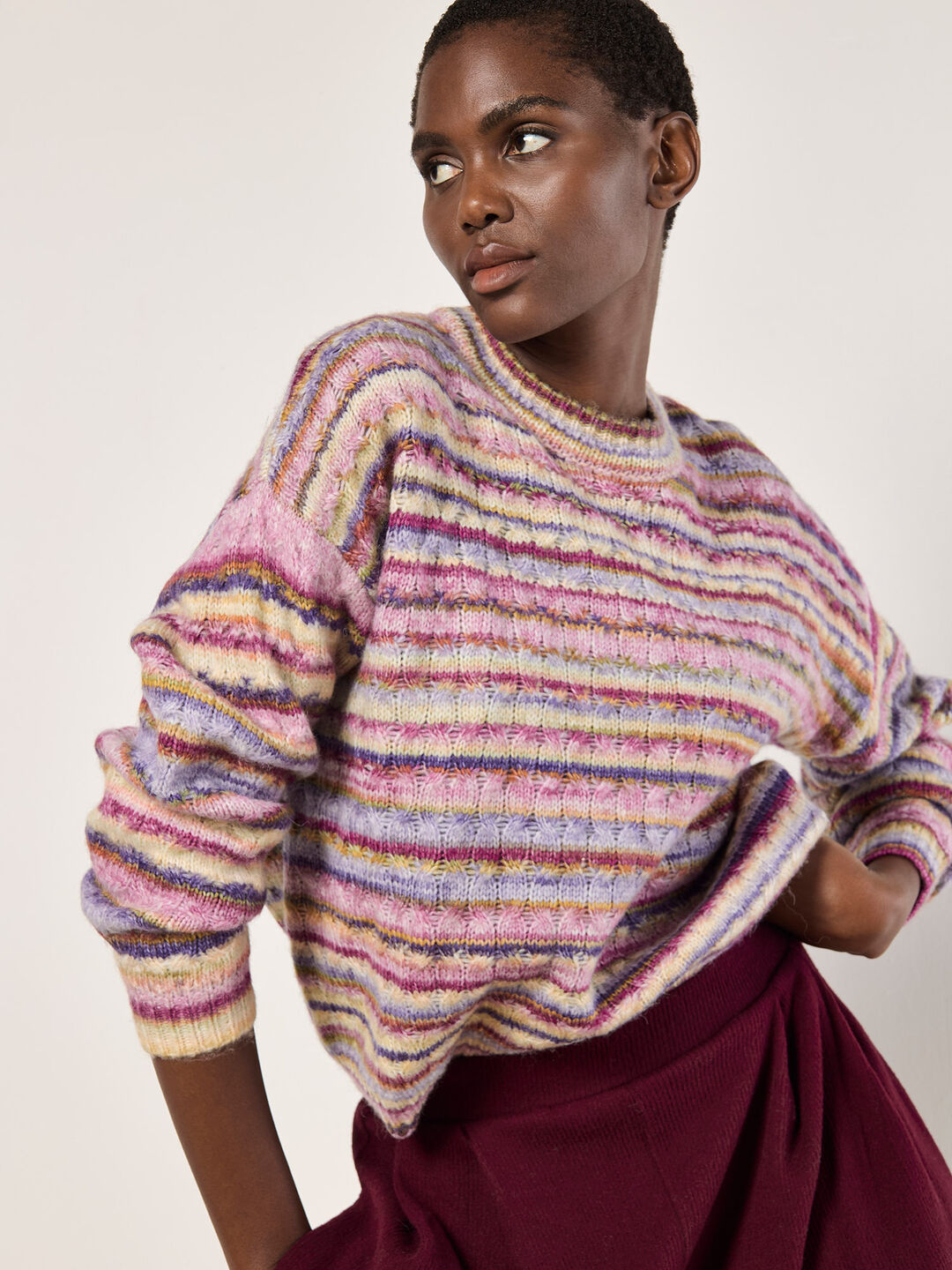 Image of Multicoloured Stripe Aran Jumper