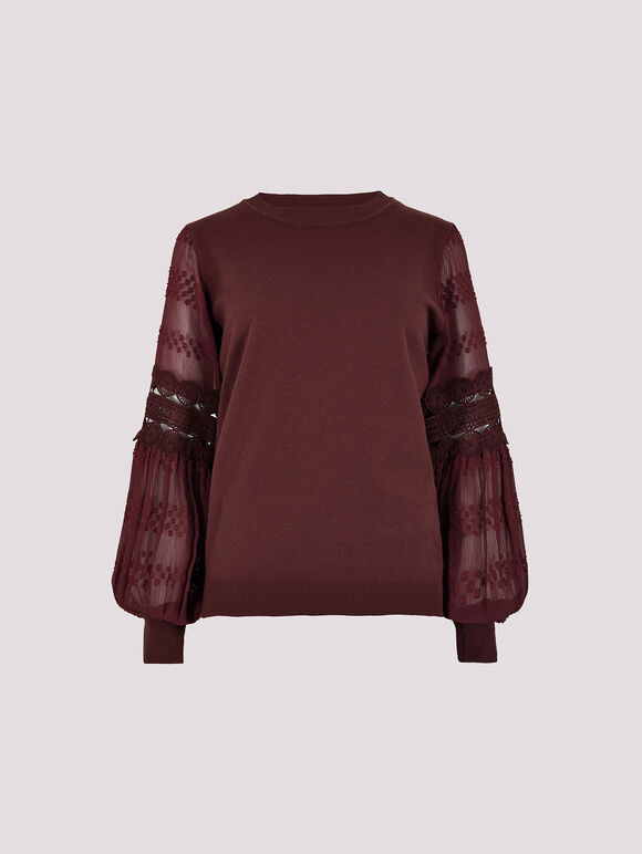Contrast Chiffon Sleeves Jumper, Burgundy, large