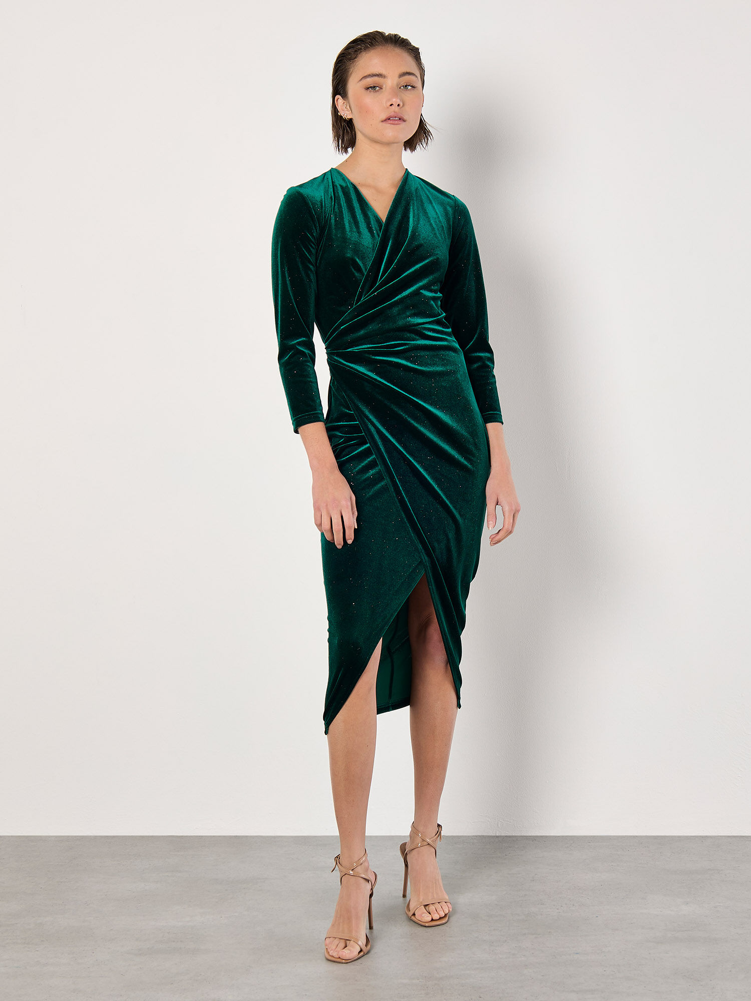 Glitter Velvet Wrap Midi Dress Apricot Clothing