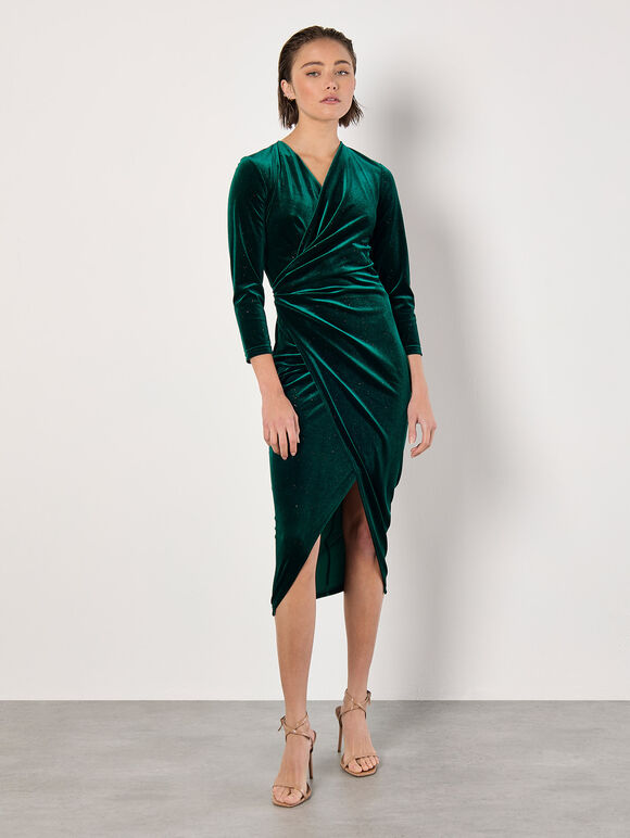 Glitter Velvet Wrap Midi Dress, Green, large