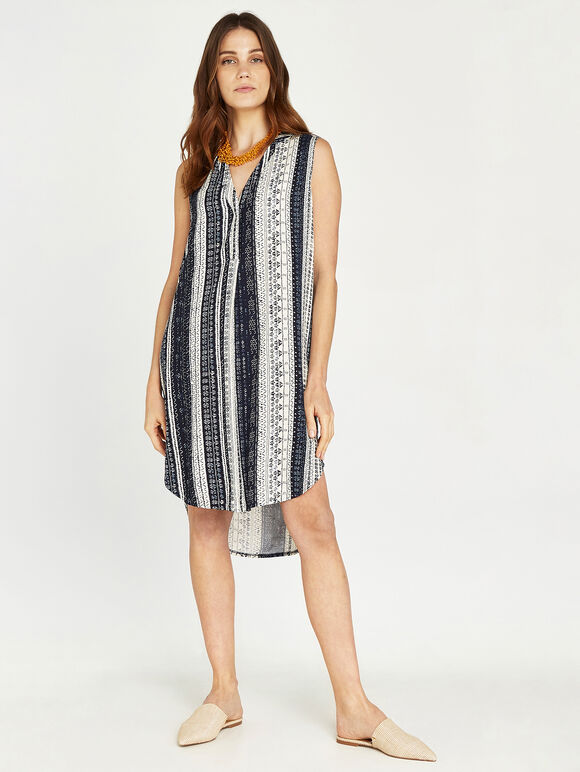Batik Stripes Curved Hem Dress, Navy, large