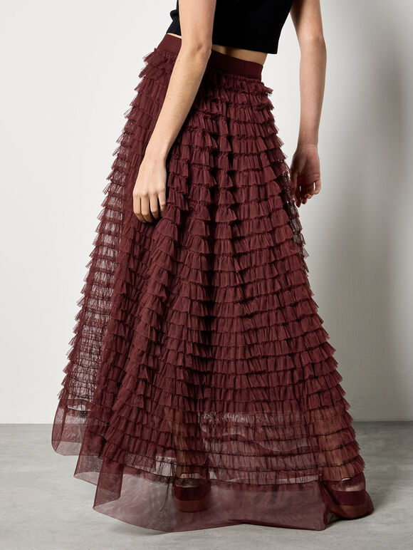 Ruffle Tiered Tulle Maxi Skirt, Burgundy, large