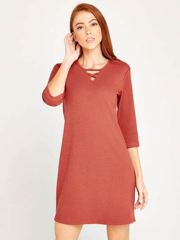 Lattice Front Tunic Dress, Burgundy, large