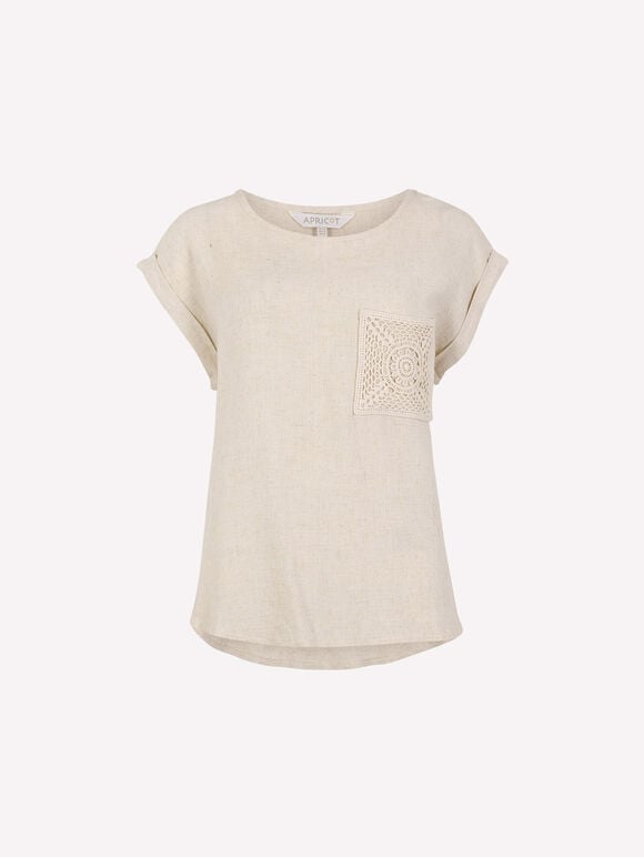 Crochet Pocket Linen Blend T-Shirt, Stone, large