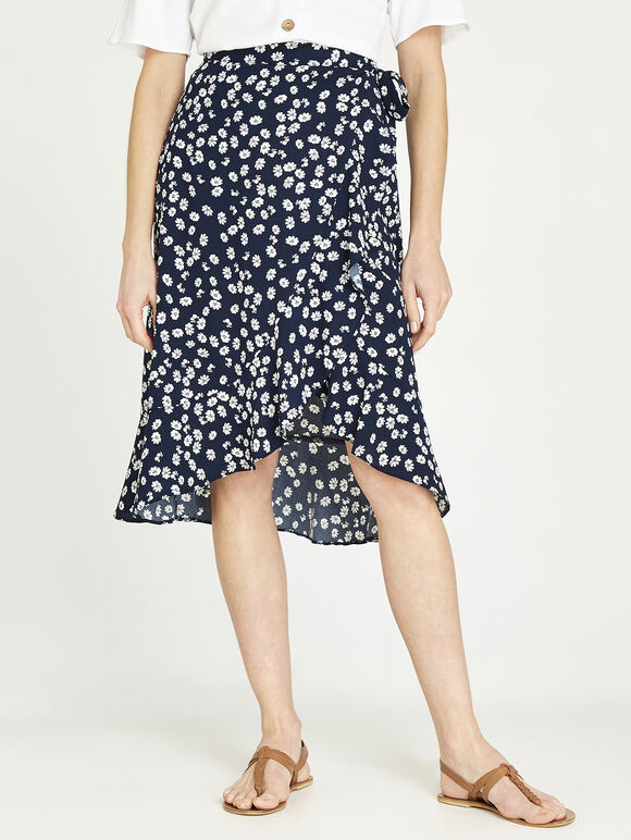 Floral Dot Tie Waist Wrap Skirt, Navy, large