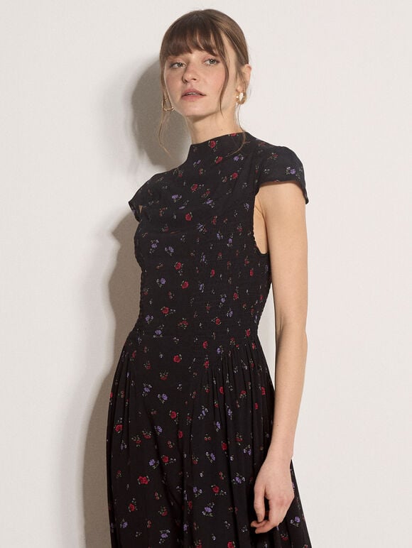 Floral Crepe Smocked Midi Dress, Black, large